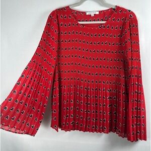 Rose + Olive Blouse Small Red Black‎ Heart Print Pleated Bell Sleeve Romantic